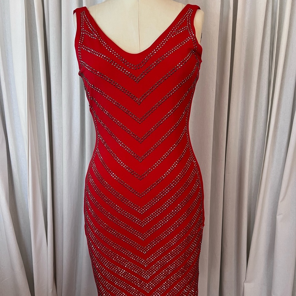 Carmen Marc Valvo  Red Sleeveless studded Dress